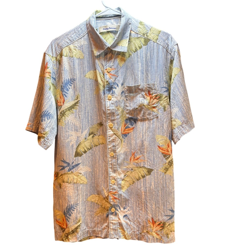Tropical Tommy Bahama Button Down Shirt Bird of Paradise Stripe Large Blue